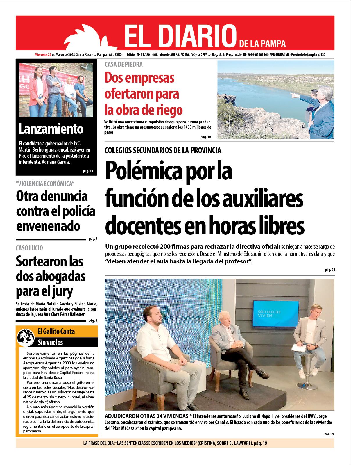 Tapa de El Diario en papel  mieacutercoles 22 de marzo de 2023